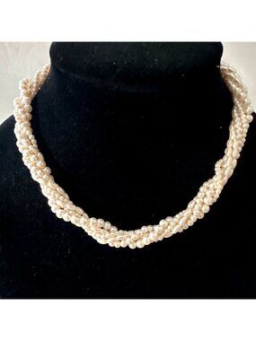 Elegant Multi-Strand Faux Pearl Collar Necklace Twisted Torsade 17" Vintage